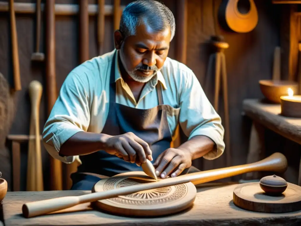 Artesano tallando con maestría una Kora Africana en un taller rústico, resaltando la historia, construcción y sonido de este instrumento tradicional