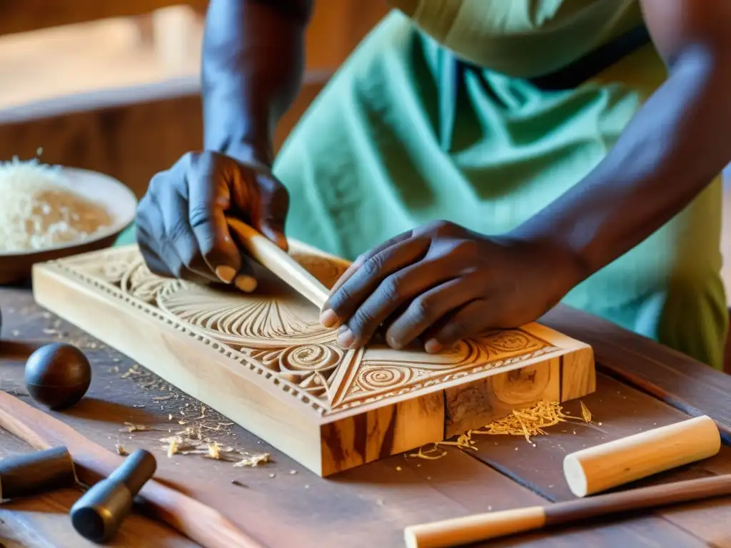 Artesano africano tallando un balafón con dedicación y destreza, mostrando el significado del balafón africano en la música