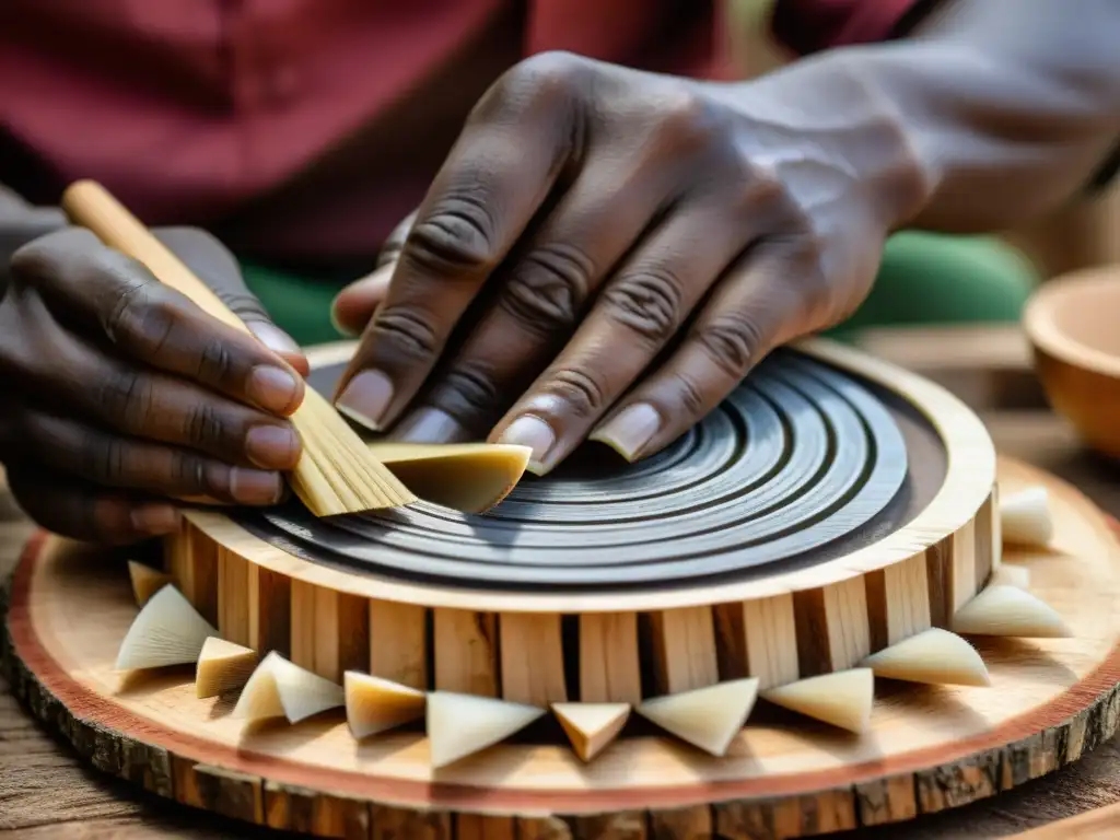 Un artesano africano talla con maestría la caja de resonancia de un kalimba, mostrando el origen y significado espiritual del instrumento