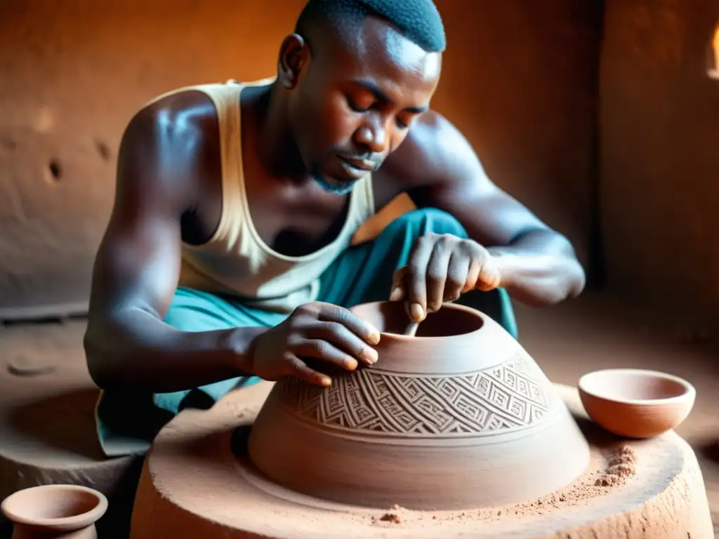 Artesano africano moldea con cuidado un tambor Udu, con significado espiritual del udu africano