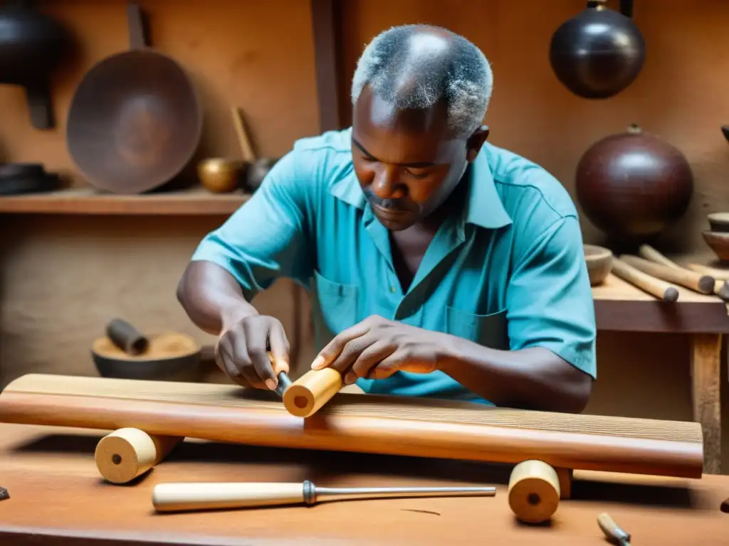 Un artesano africano talla con destreza un balafón, revelando el origen y sonoridades del balafón africano con maestría y tradición