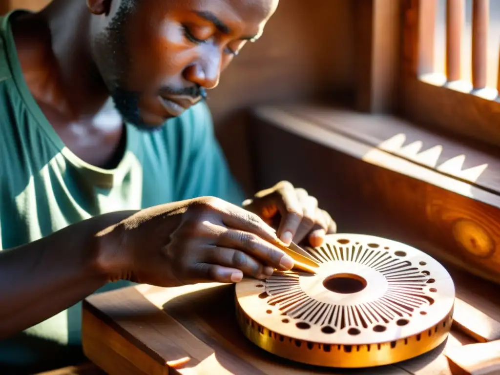 Un artesano africano talla con destreza una hermosa kalimba de madera, con la luz del sol resaltando los detalles