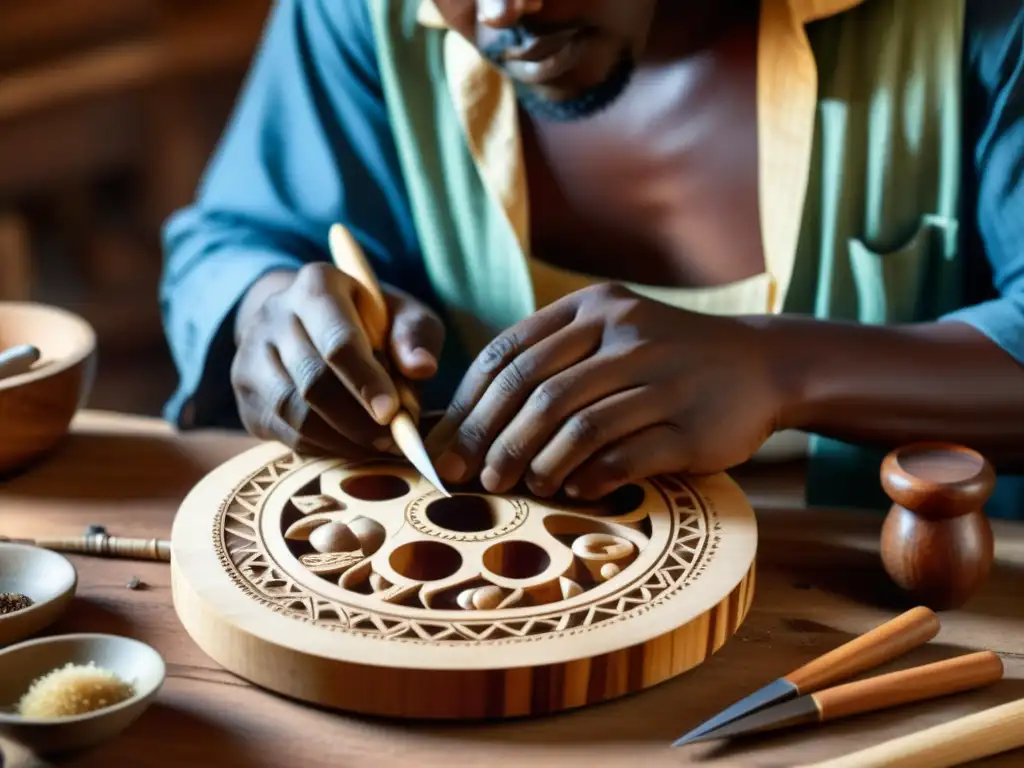 Un artesano africano talla con destreza una kalimba de madera, rodeado de herramientas y materiales