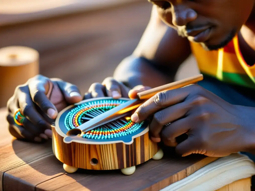 Un artesano africano talla con destreza una kalimba en madera, adornado con cuentas y pulseras coloridas