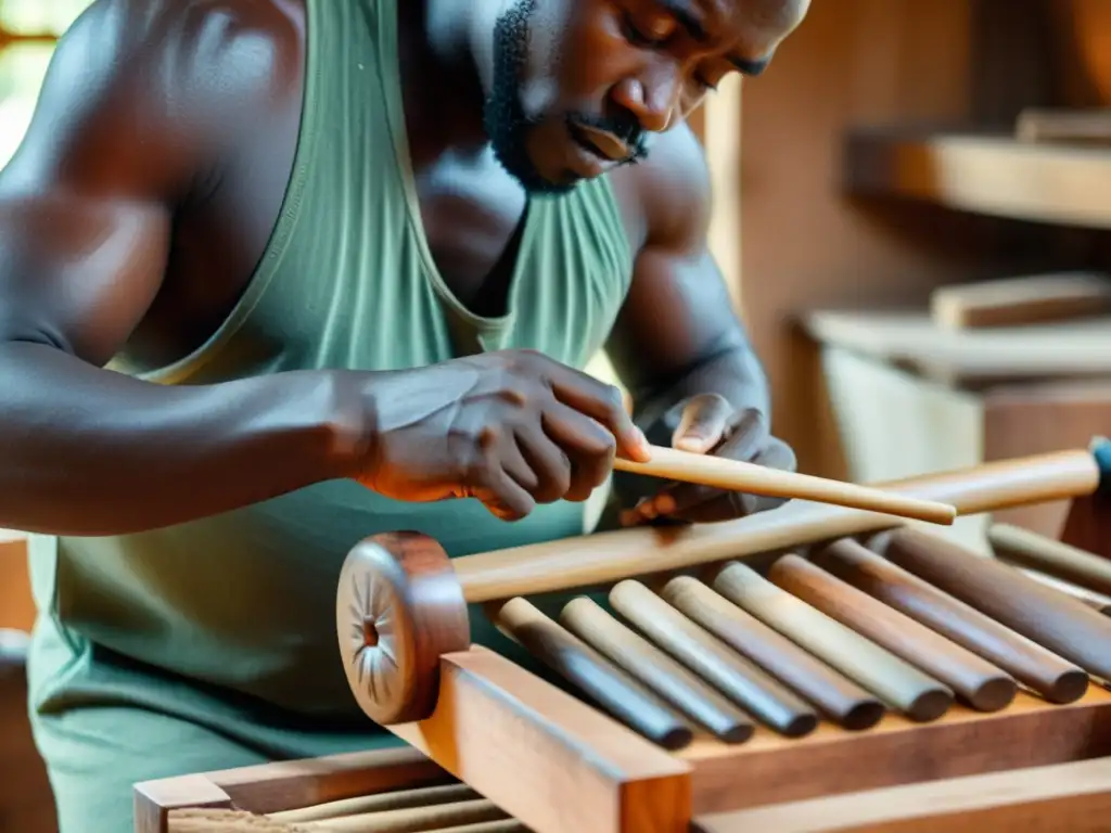 Un artesano africano talla con destreza la madera para crear la caja de resonancia de una marimba