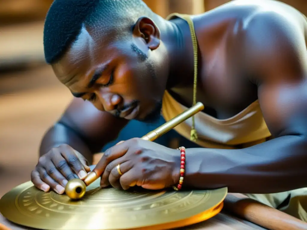 Artesano africano creando el Kakaki con detalle, reflejando su origen y características en un taller tradicional lleno de herramientas e instrumentos