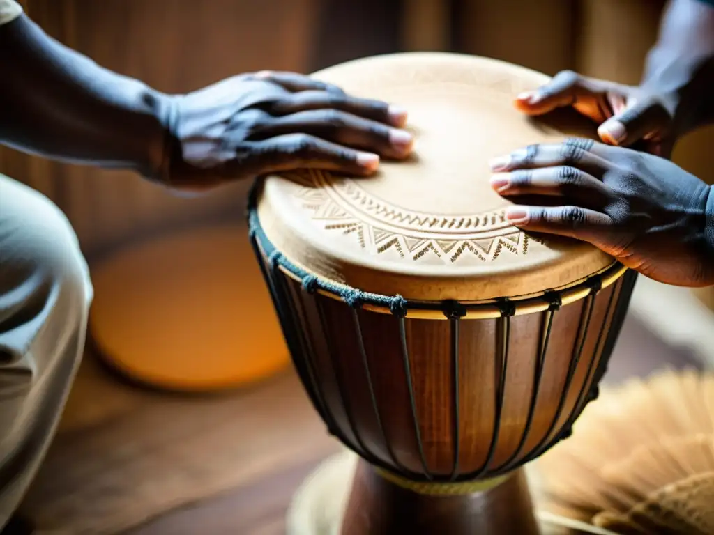 Artesano africano crea un djembé a mano, destacando la evolución de membranas en percusión