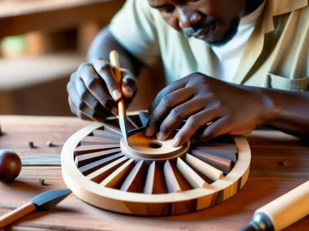 Un artesano africano talla con esmero una kalimba