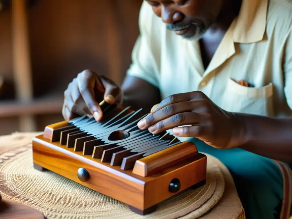 Un artesano africano esculpe una hermosa kalimba, mostrando destreza y dedicación a la historia y construcción de este instrumento de sonido