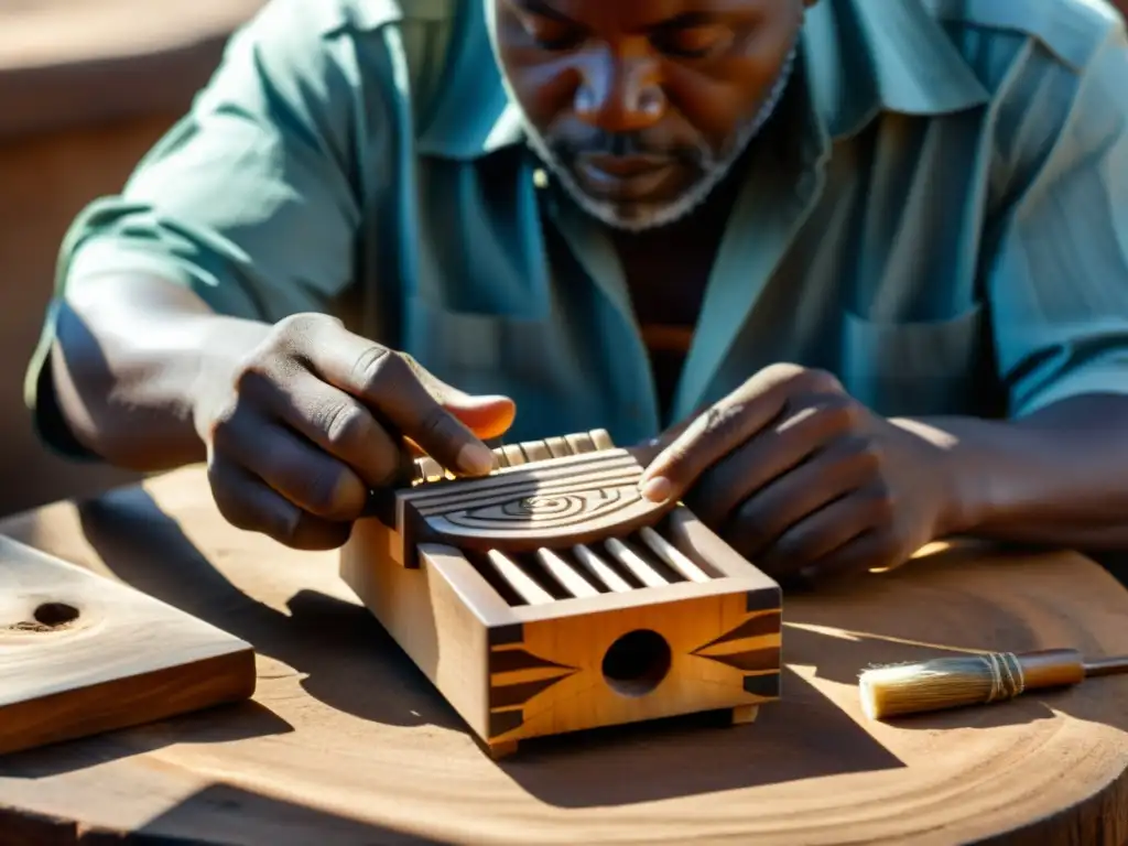 Un artesano africano talla una kalimba de madera, resaltando la esencia cultural y la artesanía ancestral de África