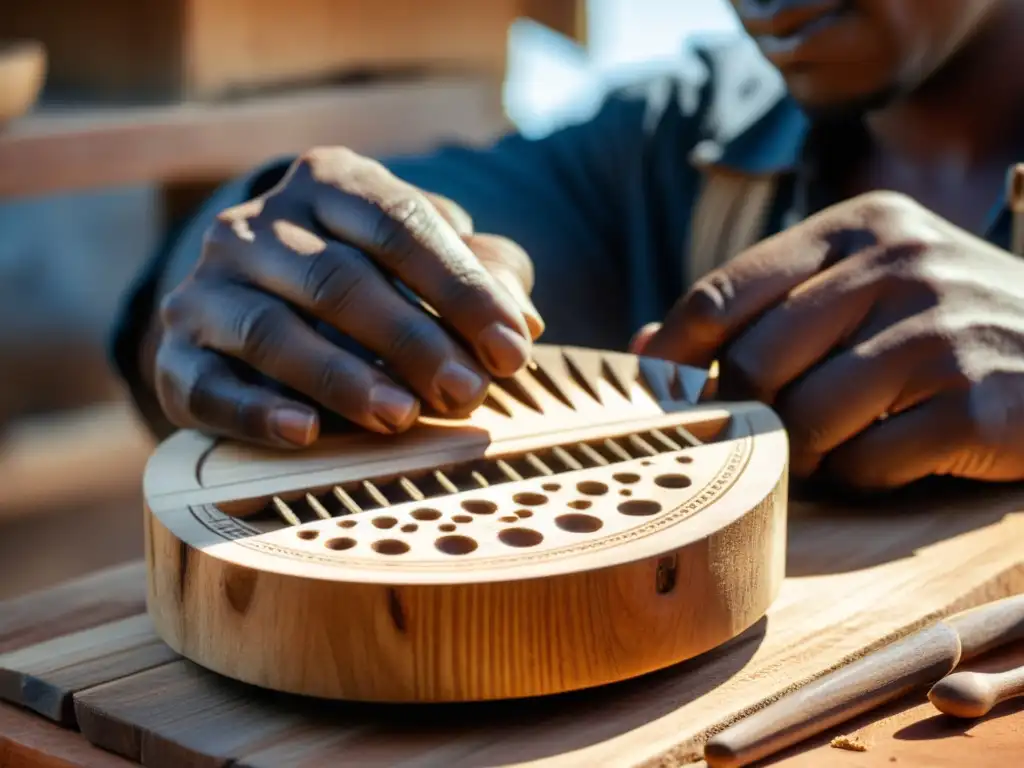 Un artesano africano tallando una kalimba a mano, con detalles intrincados y un ambiente lleno de historia y tradición