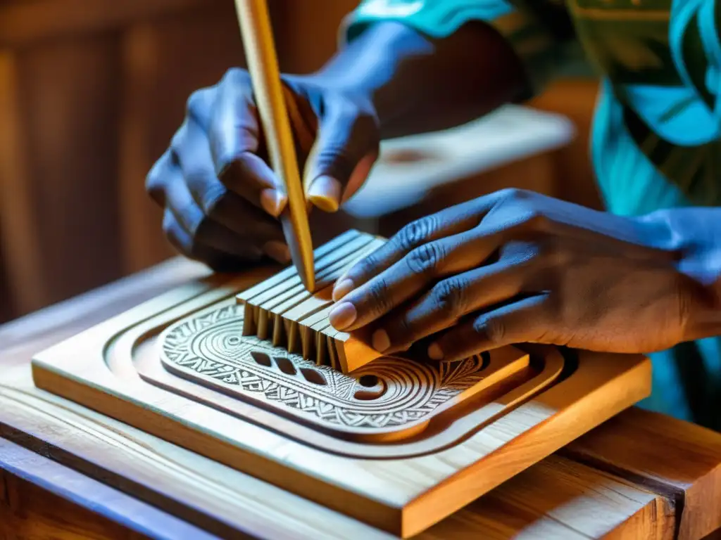 Un artesano africano talla una kalimba en madera, mostrando la artesanía y la cultura