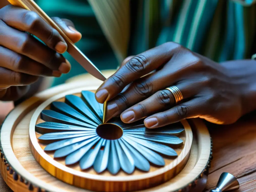 Un artesano africano talla patrones en una kalimba de madera, mostrando su destreza y la belleza del instrumento