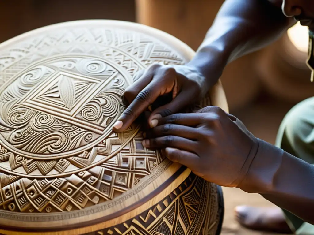 Un artesano africano talla patrones en un tambor ashiko, mostrando la rica tradición cultural y habilidad artesanal