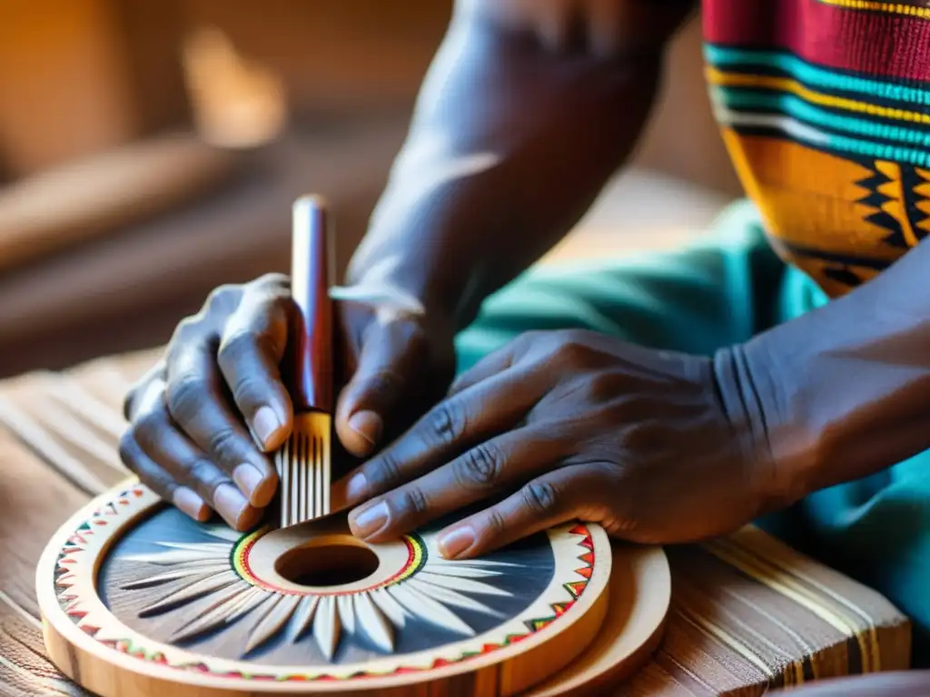 Un artesano africano talla con cuidado una kalimba: historia, construcción y sonido se entrelazan con sus manos expertas