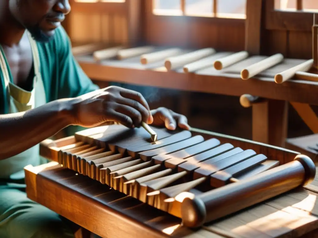 Artesano africano tallando las teclas de un balafón, resaltando la importancia cultural del balafón en África