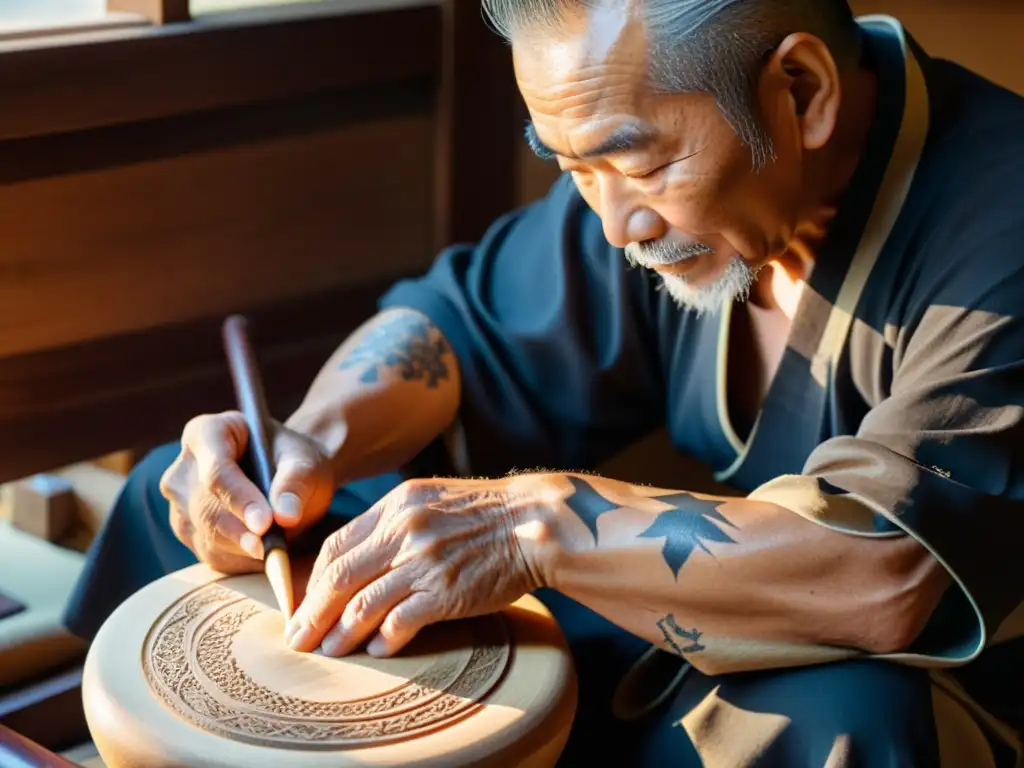 Un artesano anciano esculpe con dedicación un shamisen japonés, iluminado por la cálida luz del taller