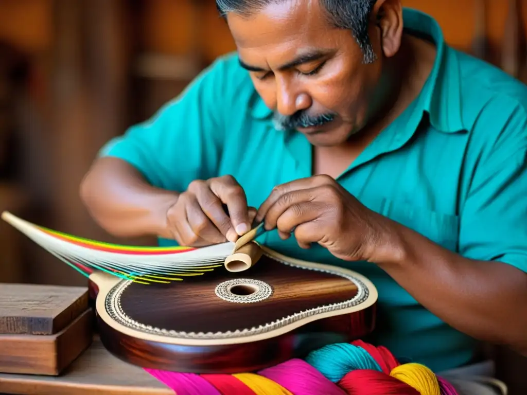 Un artesano andino crea un charango con herramientas de mano, mostrando la historia del charango andino a través de su artesanía detallada