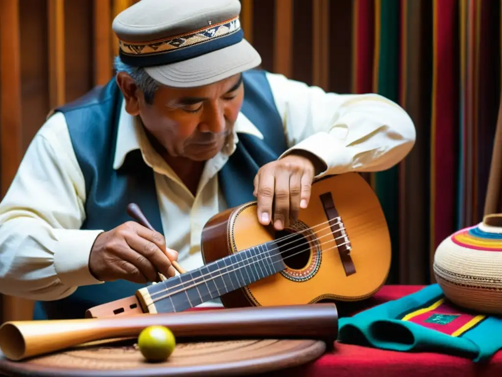 Un artesano andino crea un charango tradicional con herramientas e técnicas ancestrales, evocando la historia del charango andino