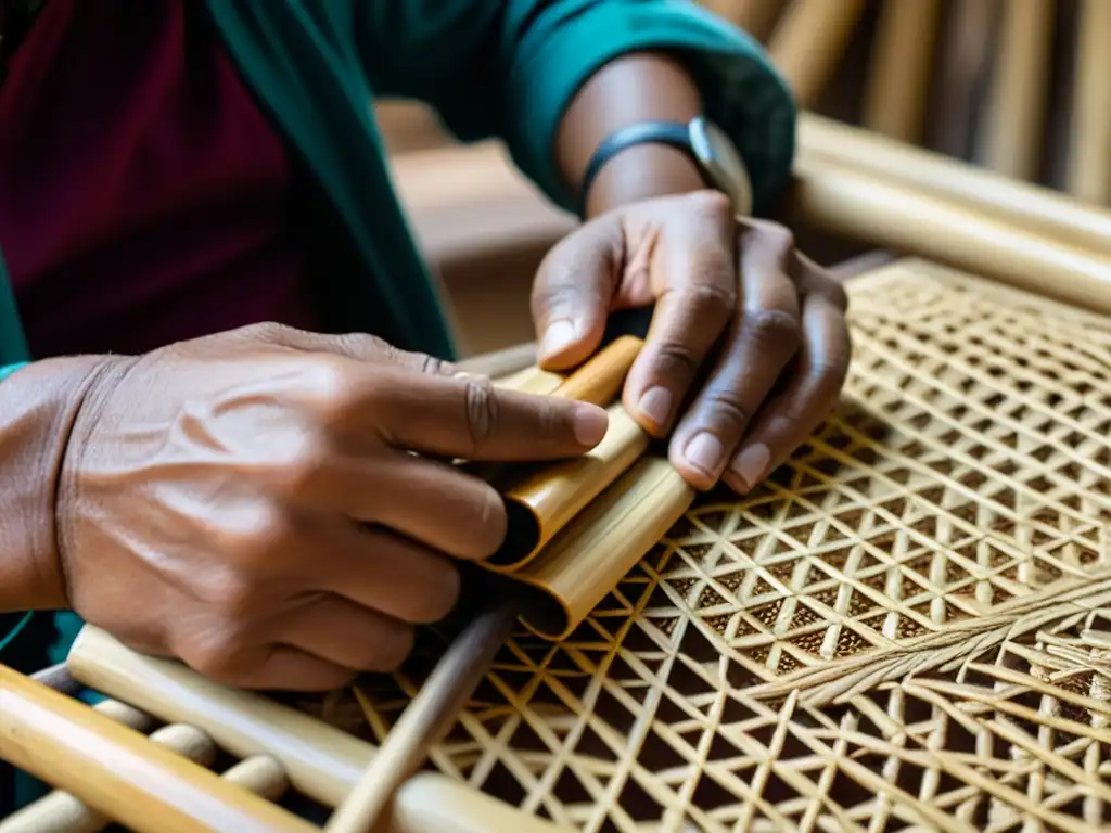 Artesano andino tallando diseños en bambú para la construcción de quena, reflejando tradición y destreza en la elaboración del instrumento