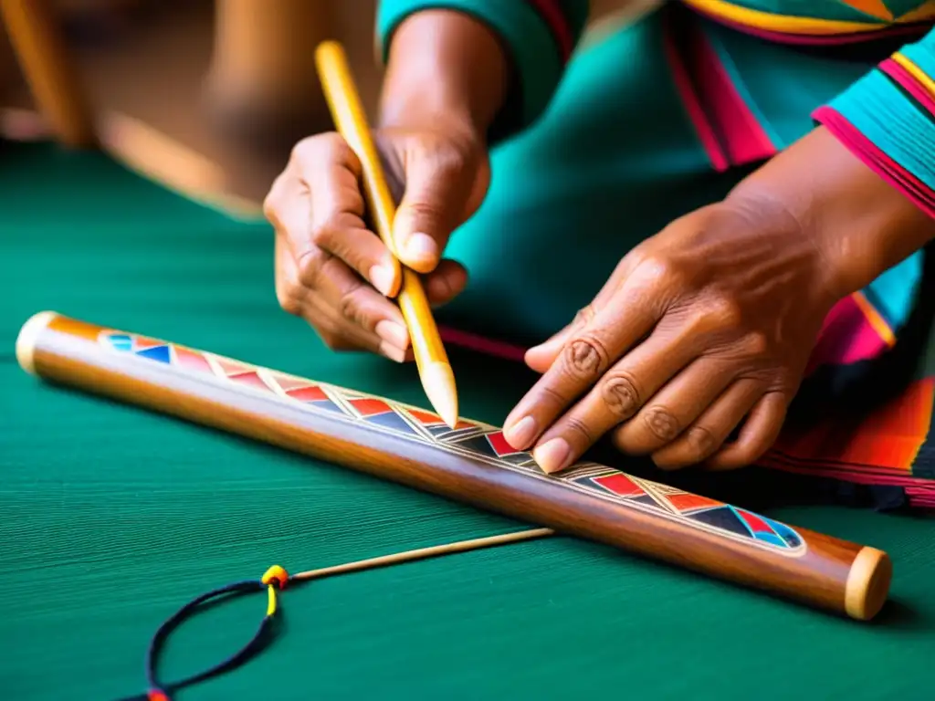 Artesano andino experto crea la zampoña con habilidad ancestral y coloridos detalles