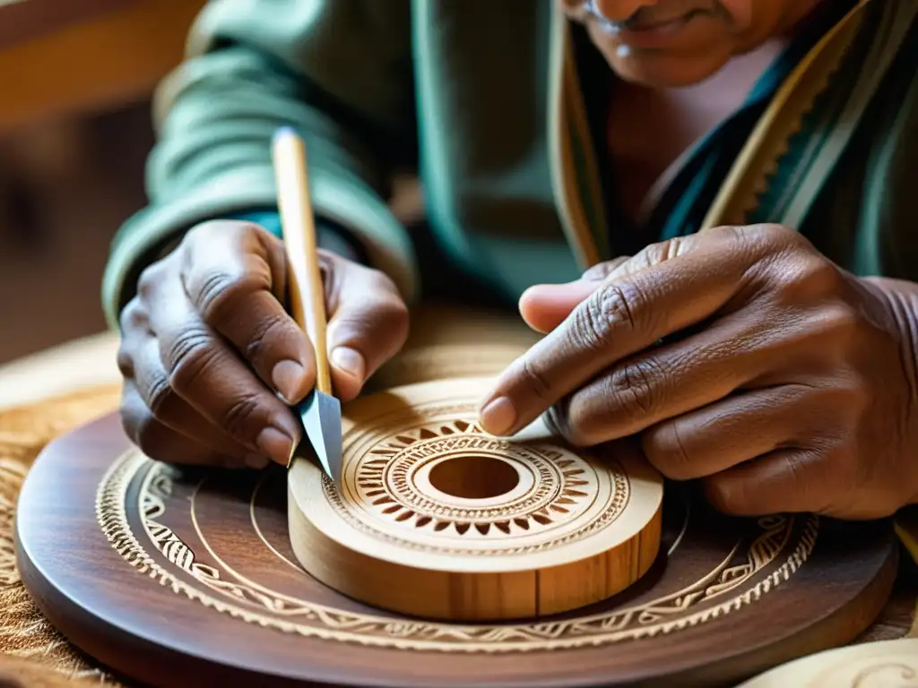 Un artesano andino esculpe con precisión un charango tradicional, capturando la historia del charango andino con destreza y dedicación