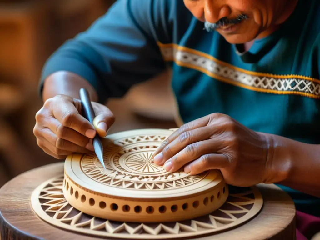 Artesano andino tallando con precisión el cuerpo de un charango tradicional con intrincados patrones, destacando la construcción del charango andino