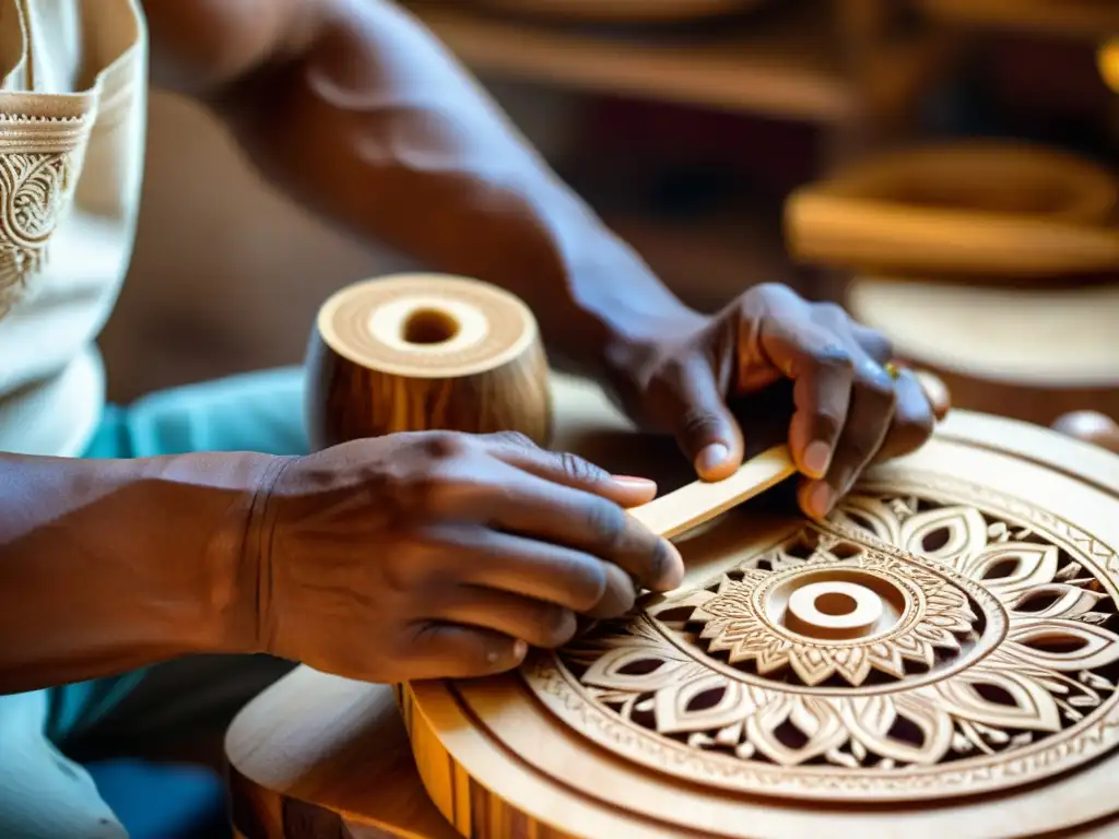 Un artesano andino esculpe con precisión el cuerpo de un charango, resaltando la importancia cultural del instrumento