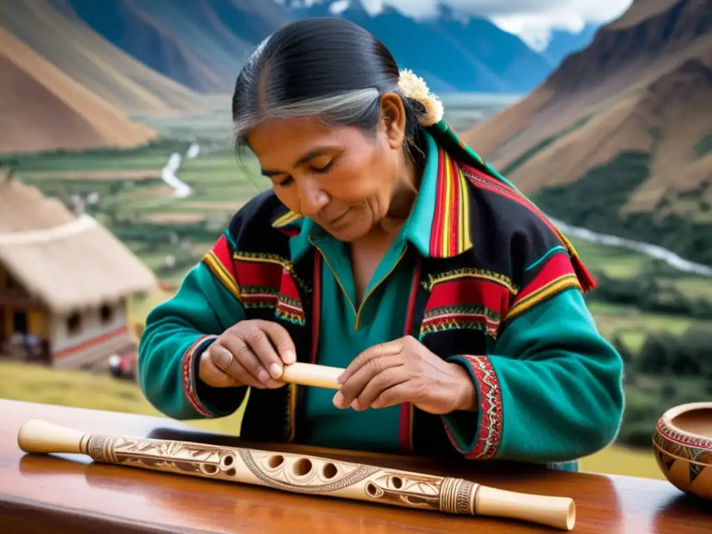 Un artesano andino talla delicados diseños en una quena rodeado de instrumentos y textiles vibrantes