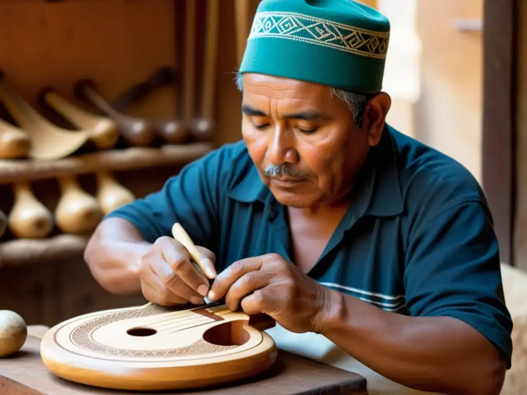 Un artesano andino talla con destreza un charango, rodeado de instrumentos y herramientas tradicionales