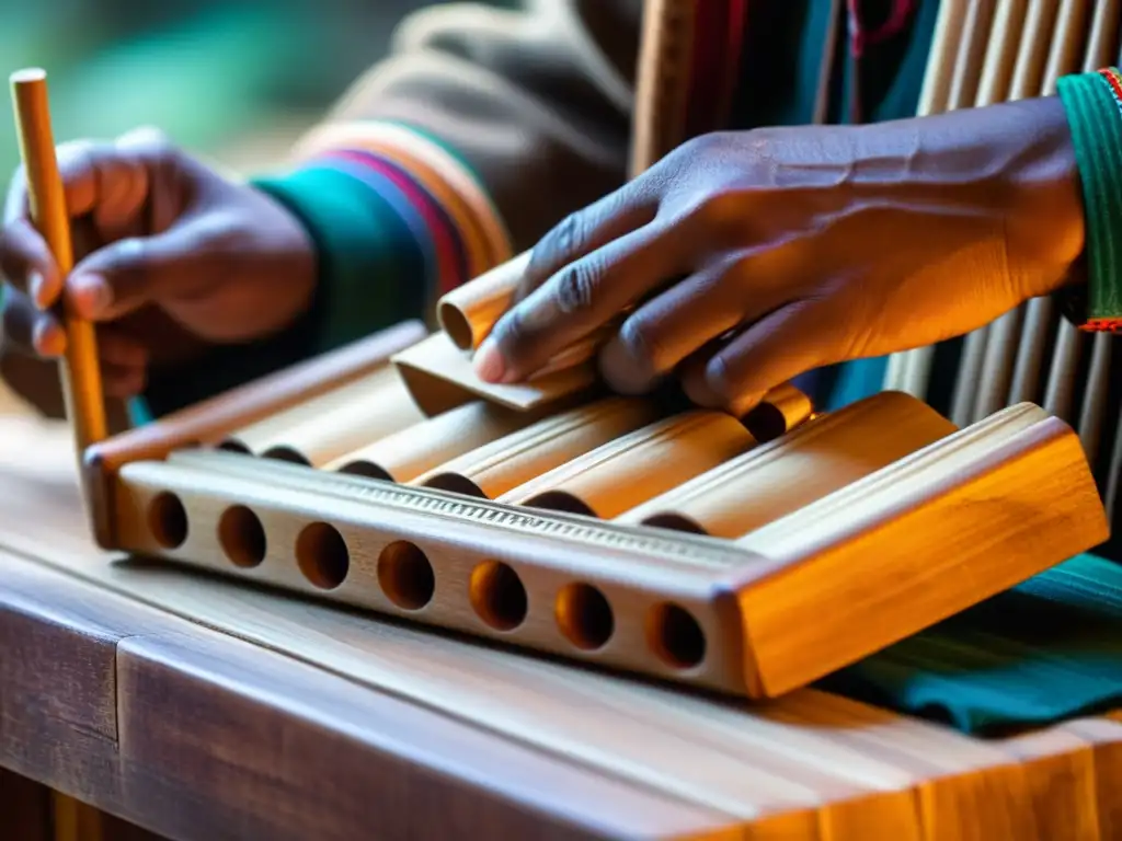 Un artesano Andino talla con destreza una flauta de pan, representando la rica herencia cultural de los instrumentos musicales símbolos culturales