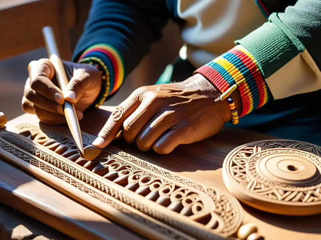 Un artesano andino talla con destreza una quena, destacando la construcción y el sonido tradicional