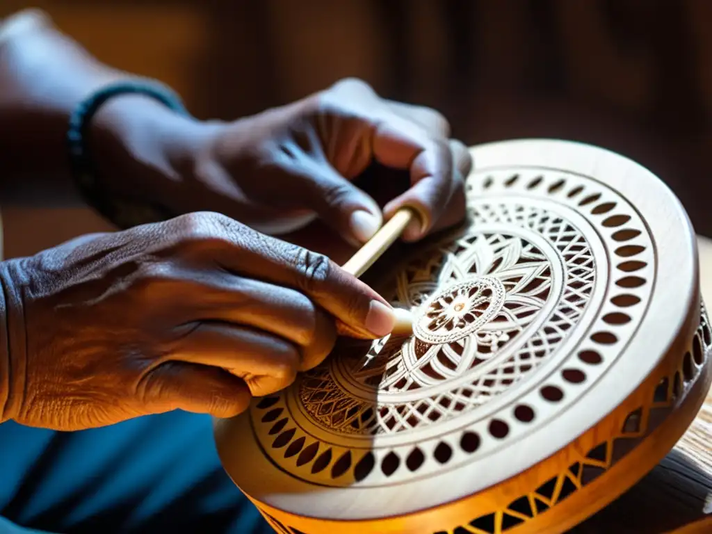 Un artesano andino talla con destreza el cuerpo de un charango, mostrando la historia del charango andino en su taller cálido y sombrío