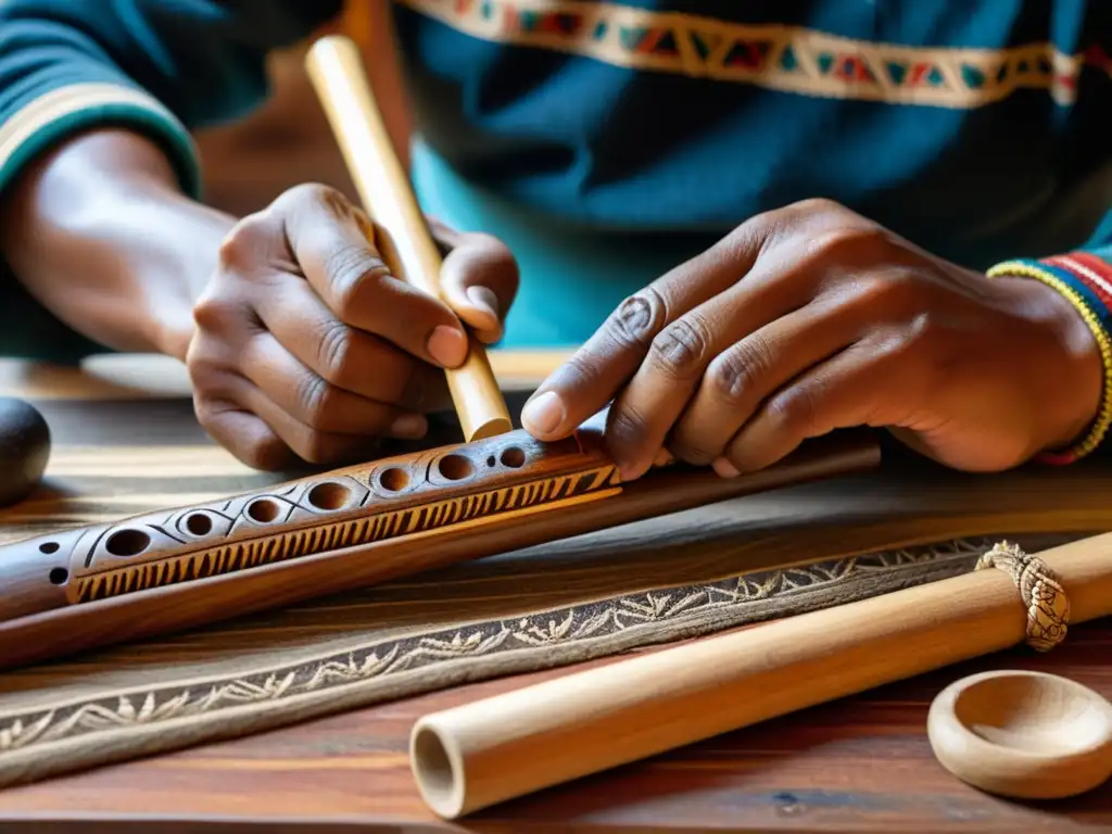 Un artesano andino talla con destreza una quena, destacando el legado precolombino de la música andina