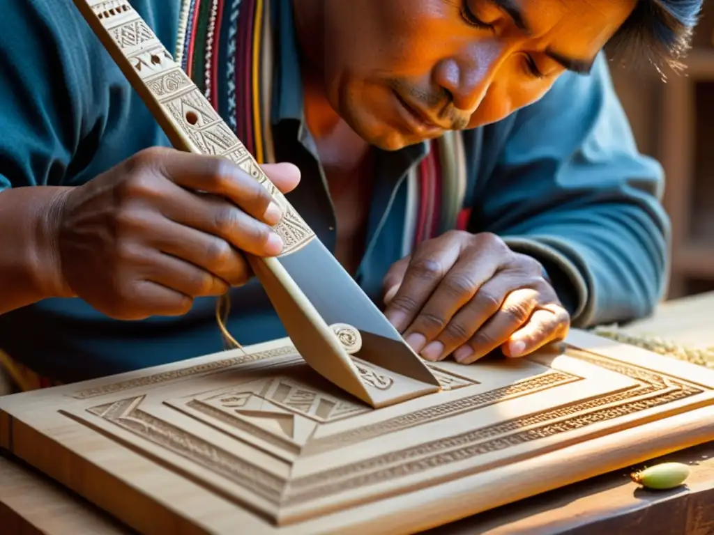 Un artesano andino talla con destreza un charango tradicional, mostrando la construcción del charango andino con maestría y pasión