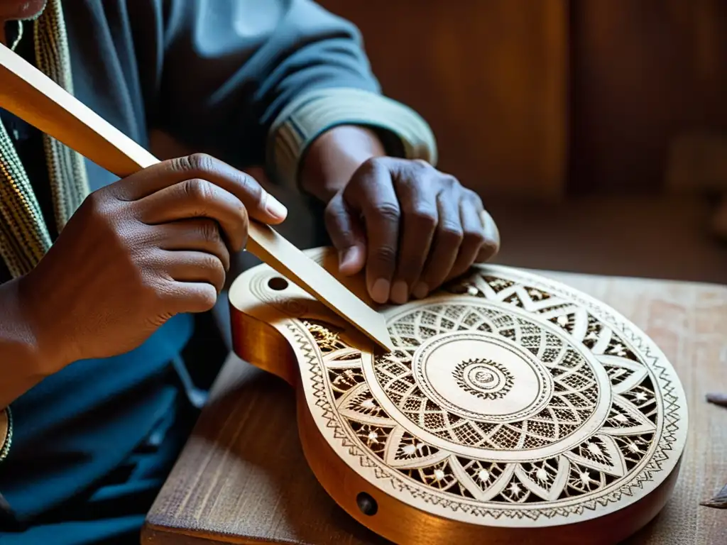 Un artesano andino talla con destreza un charango, mostrando la importancia cultural del charango andino y su artesanía tradicional