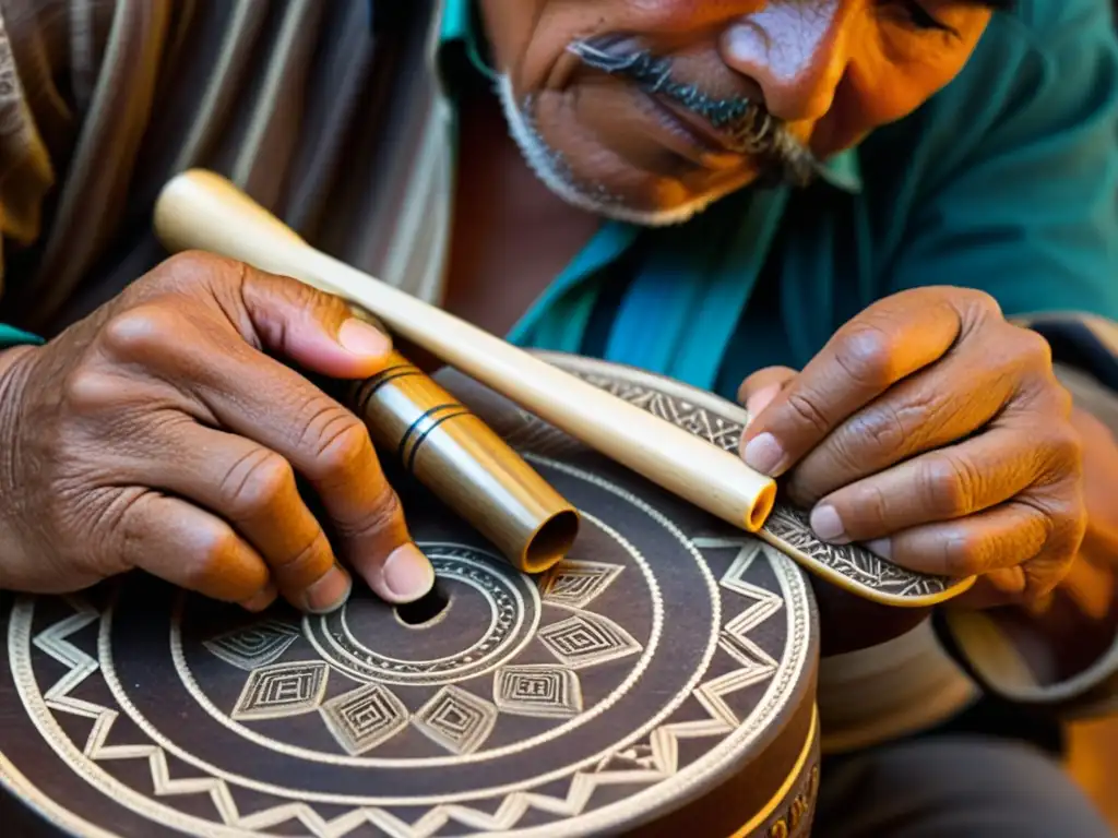 Un artesano andino talla detallados diseños en un charango, destacando la tradición y artesanía del instrumento