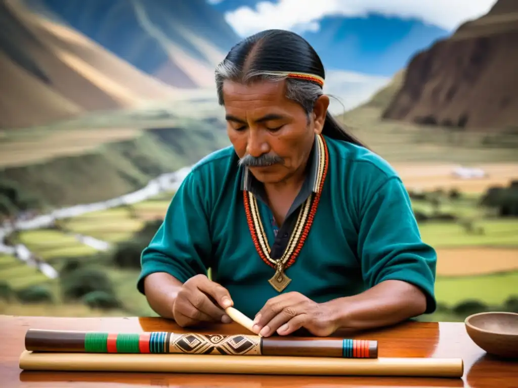 Un artesano andino talla una quena, con símbolos culturales, en paisaje andino