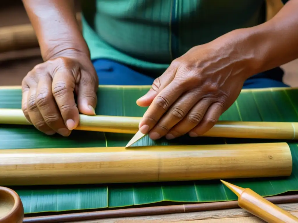 Un artesano andino talla con maestría una zampoña de bambú, resaltando la autenticidad y el significado cultural de esta tradición ancestral