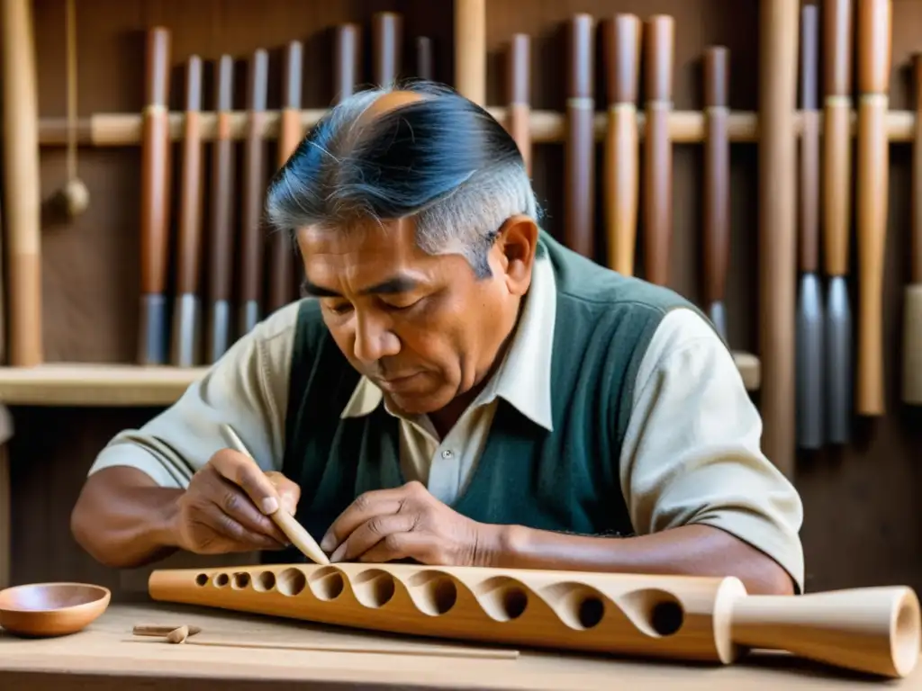 Un artesano andino talla con maestría una Zampoña, evocando la historia, la tradición y el sonido de la construcción artesanal