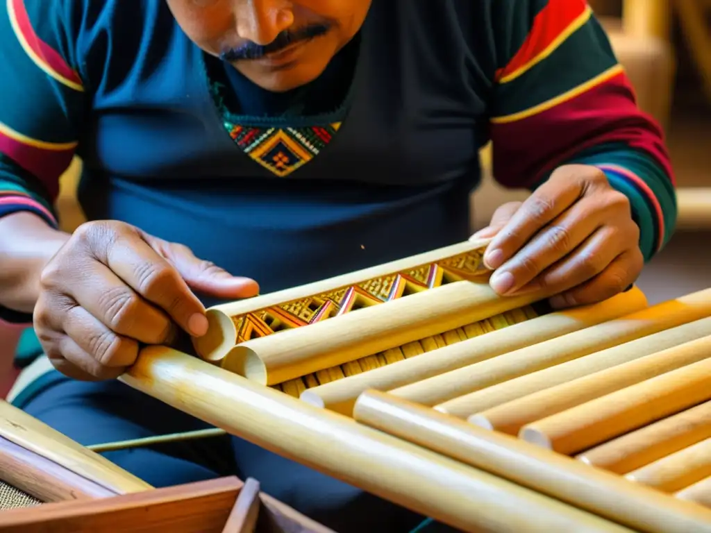 Un artesano andino esculpe una Zampoña Andina, capturando la historia y sonido de la construcción con maestría artesanal