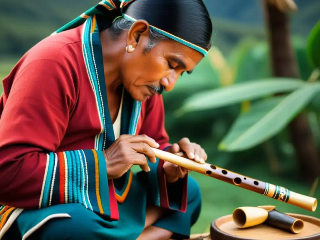 Artesano andino creando una Zampoña con herramientas tradicionales, rodeado de colores y paisajes, reflejando historia y sonido