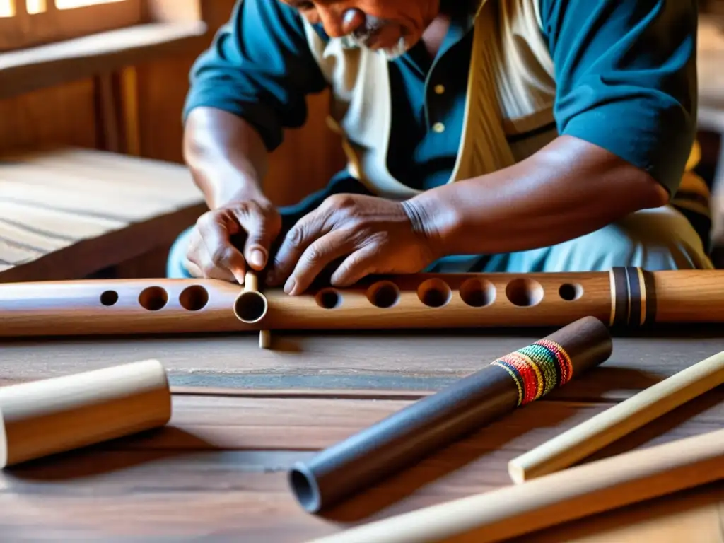 Artesano andino tallando una Zampoña tradicional rodeado de herramientas, destacando la historia y la artesanía de su construcción