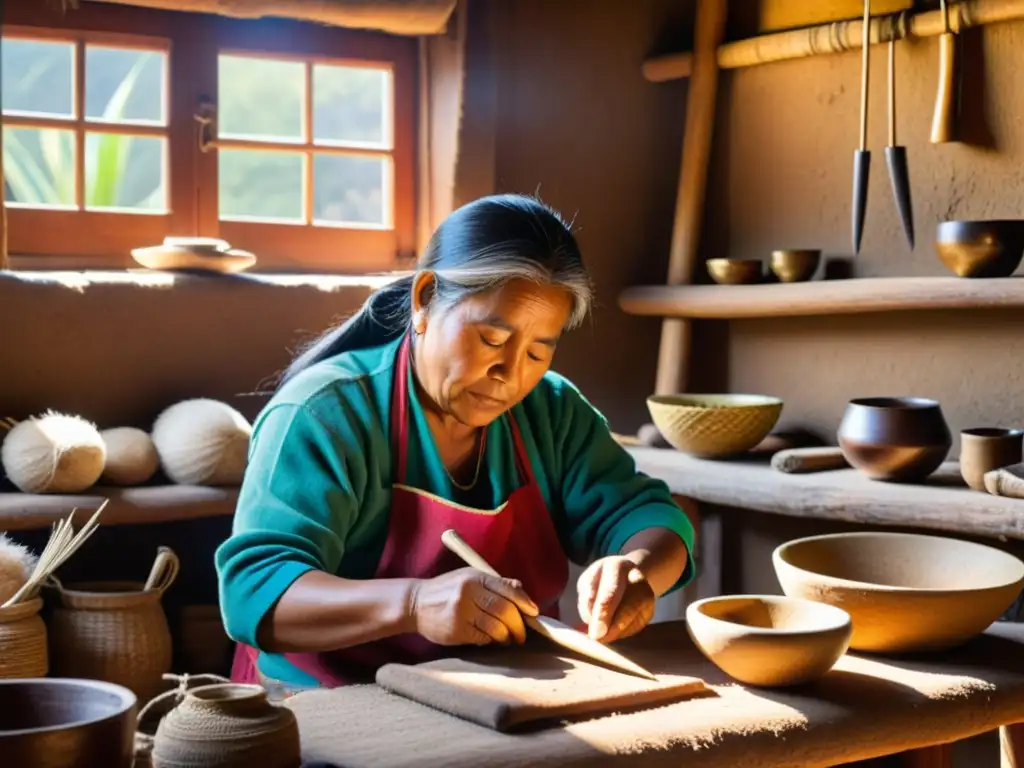 Un artesano andino confecciona una zampoña tradicional en su taller, rodeado de textiles vibrantes y otras artesanías indígenas