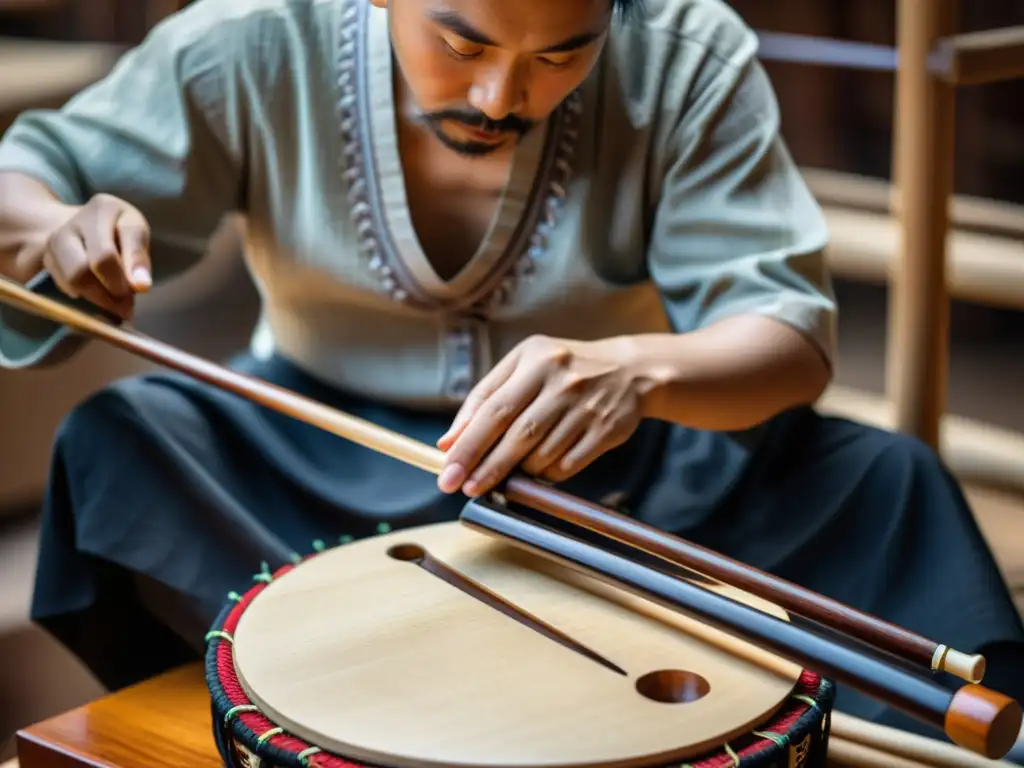 Artesano construyendo detalladamente un antiguo erhu, evocando la historia y construcción del erhu con técnica tradicional y precisión artesanal