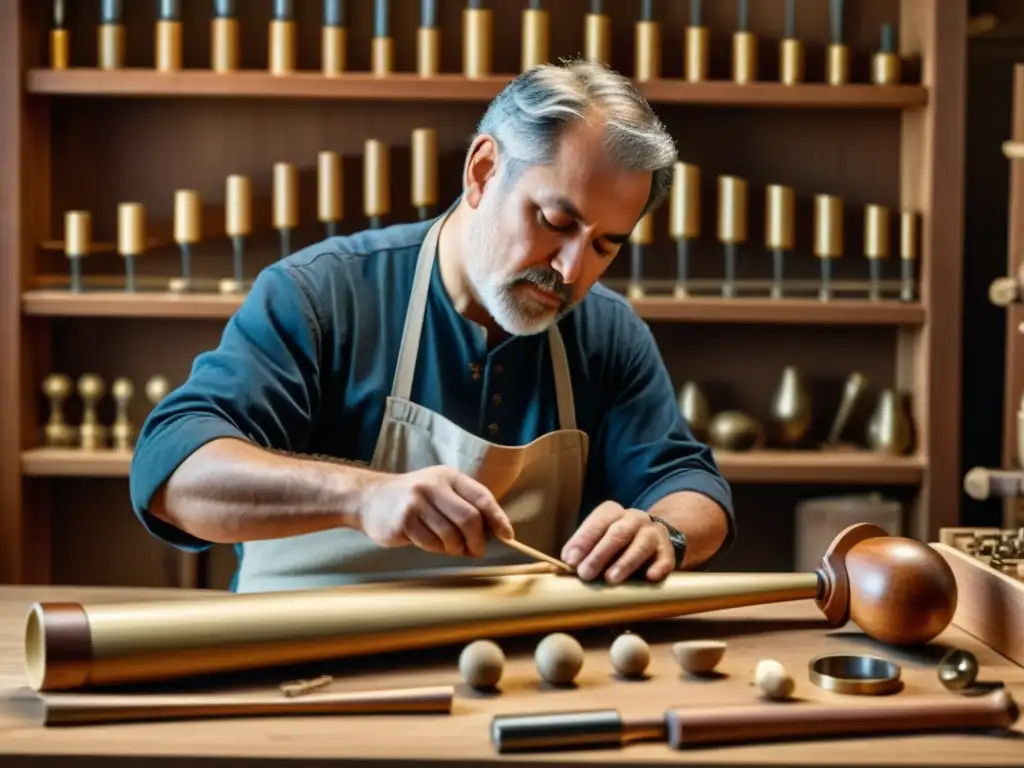 Un artesano reconstruye meticulosamente un antiguo instrumento musical, rodeado de herramientas y detalles intrincados