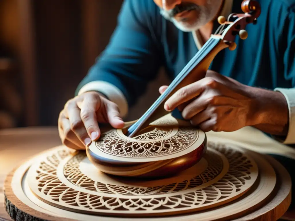 Artesano tallando detalladamente un oud árabe, con la cálida luz del taller realzando los tonos de madera, capturando la historia y relevancia cultural del oud árabe