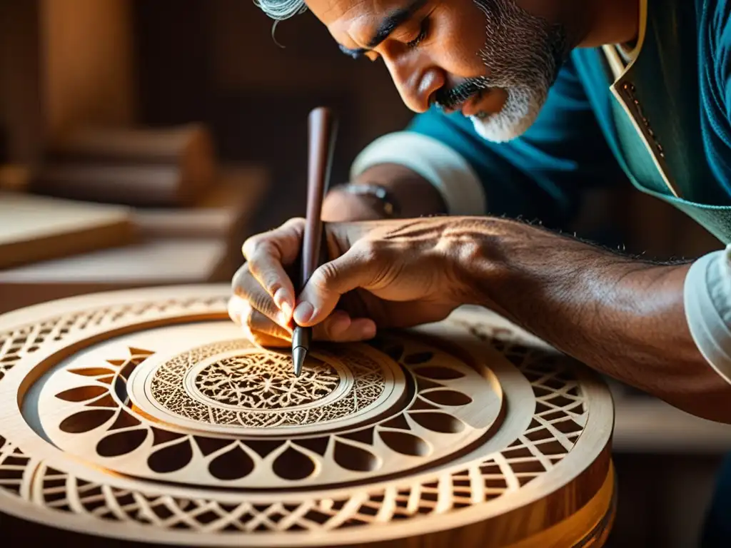 Un artesano árabe talla con precisión las raíces culturales del Oud árabe en la caja de resonancia, con dedicación y reverencia