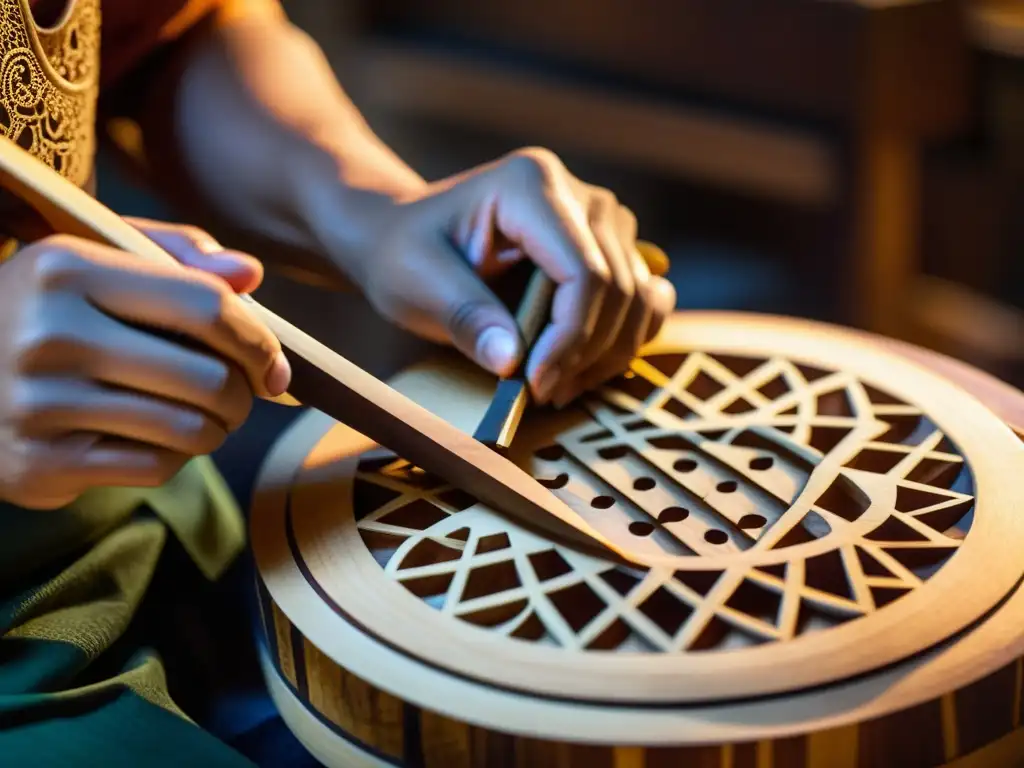 Un artesano asiático tallando detalladamente una guitarra de madera a mano, mostrando la historia global de la guitarra con maestría cultural