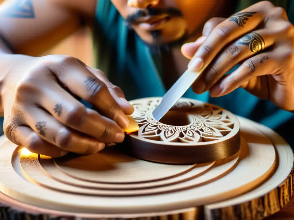 Un artesano asiático talla con destreza la madera de una kalimba, mientras la luz solar baña su taller